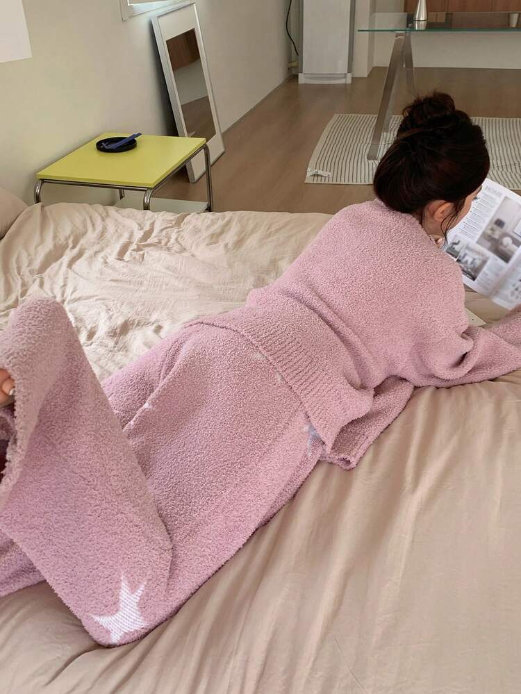 Dazy Plus 2pcs/Set Thermal Lined Patterned Jacquard Loose Fit Pullover Top And Pants Fluffy Cozy Pajama Clothes Set, Plus Size Women, Autumn/Winter