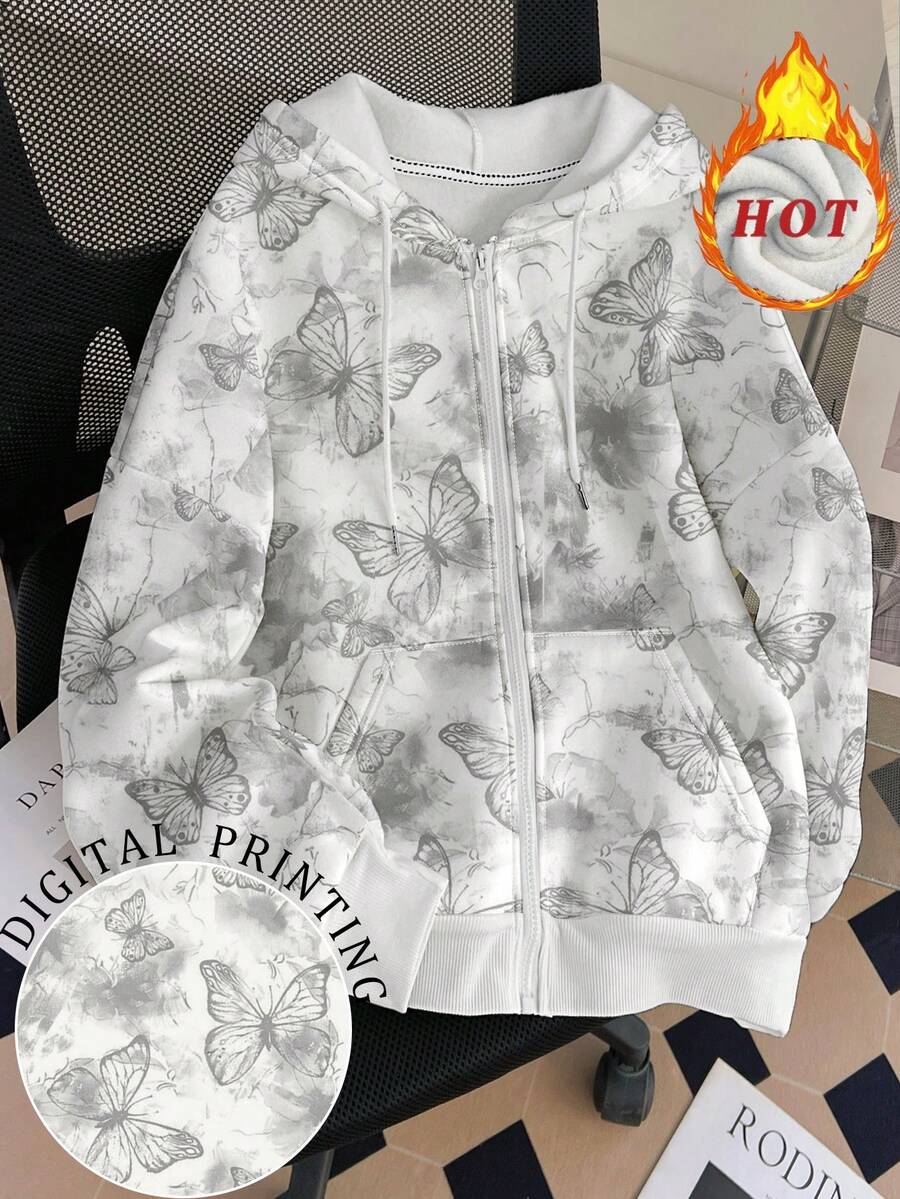 SHEIN Women's Butterfly Print Hooded Long Sleeve Zip-Up Sweatshirt Sweatshirt - White - View 1