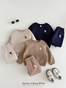 Cozy Pixies 6pcs Baby Boys Letter Pattern Knit Soft Crew Neck Long Sleeve Pullover Sweatshirt & Elastic Waist Pants Set, Thermal Lined Thick For Winter - Multicolor - View 3