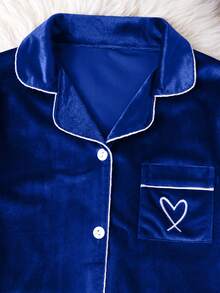 SHEIN 2件套女童韩版羊毛心形刺绣开衫和裤子睡衣套装 - 藍色 - 查看 6