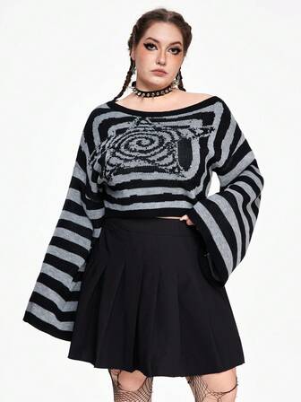 Grunge Punk Pull pour femmes grandes tailles avec manches évasées texturées à rayures et étoiles, pour l'hiver