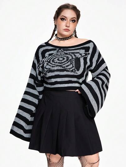 Grunge Punk Plus Size Women's Stripe & Star Textured Flare Sleeve Sweater, For Winter