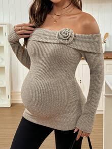 SHEIN Maternity Elegant Autumn Babyshower Solid Color Applique Ribbed Off Shoulder Long Sleeve Sweater,Women Fall Winter Knit T-Shirt Clothes Top - Apricot - View 1