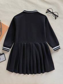 SHEIN Explorewe Young Girl Letter & Striped Print Pleated Long Sleeve Dress