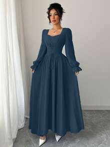 Modelyn 优雅纯色甜心领长袖束腰连衣裙，法式时尚 - 水鴨藍 - 查看 5