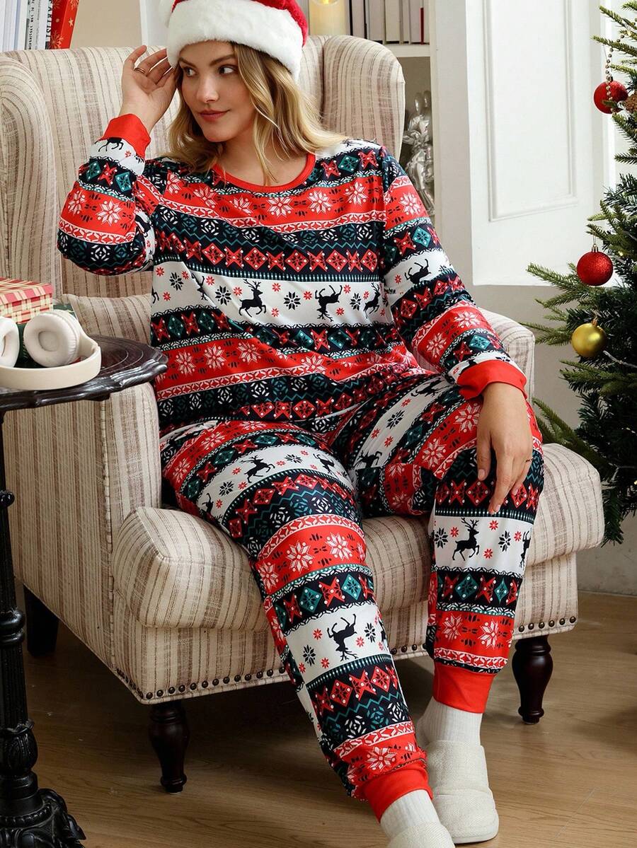 SHEIN Doze Lane Bộ đồ ngủ tay dài cổ tròn in họa tiết chủ đề Giáng sinh dành cho phụ nữ ngoại cỡ, trang phục ấm áp, quần áo thu đông - Nhiều màu - Xem 1