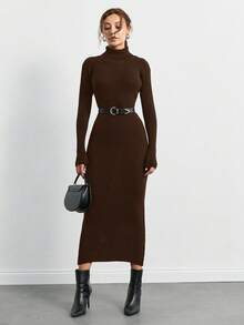 SHEIN Tall Solid Long Sleeves Turtleneck Ribbed Knit Sweater Dress - Brown - View 5