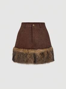 SHEIN MOD Falda A-Line de pana con parches y efecto de piel sintética, estilo callejero chic occidental para mujer en otoño/invierno - Marrón - Ver 6