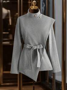 GlowEve 女士灰色优雅廓形系带腰身金属蘑菇扣斗篷外套，百搭 - 灰色 - 查看 6