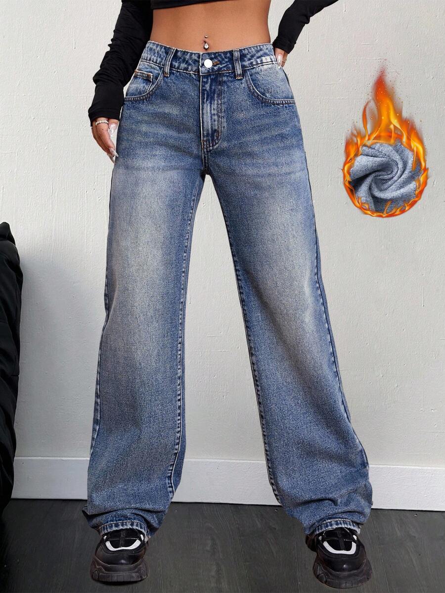 SHEIN EZwear Women's Casual Everyday Commute Simple Versatile Thermal Lined Loose Wide Leg Jeans, Autumn/Winter - Blue - View 1