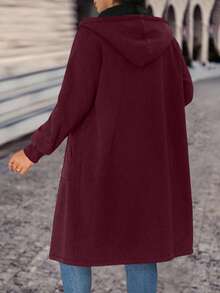 SHEIN LUNE Plus Size Color Block Thermal Lined Hooded Long Sleeve Jacket, Autumn/Winter - Burgundy - View 2