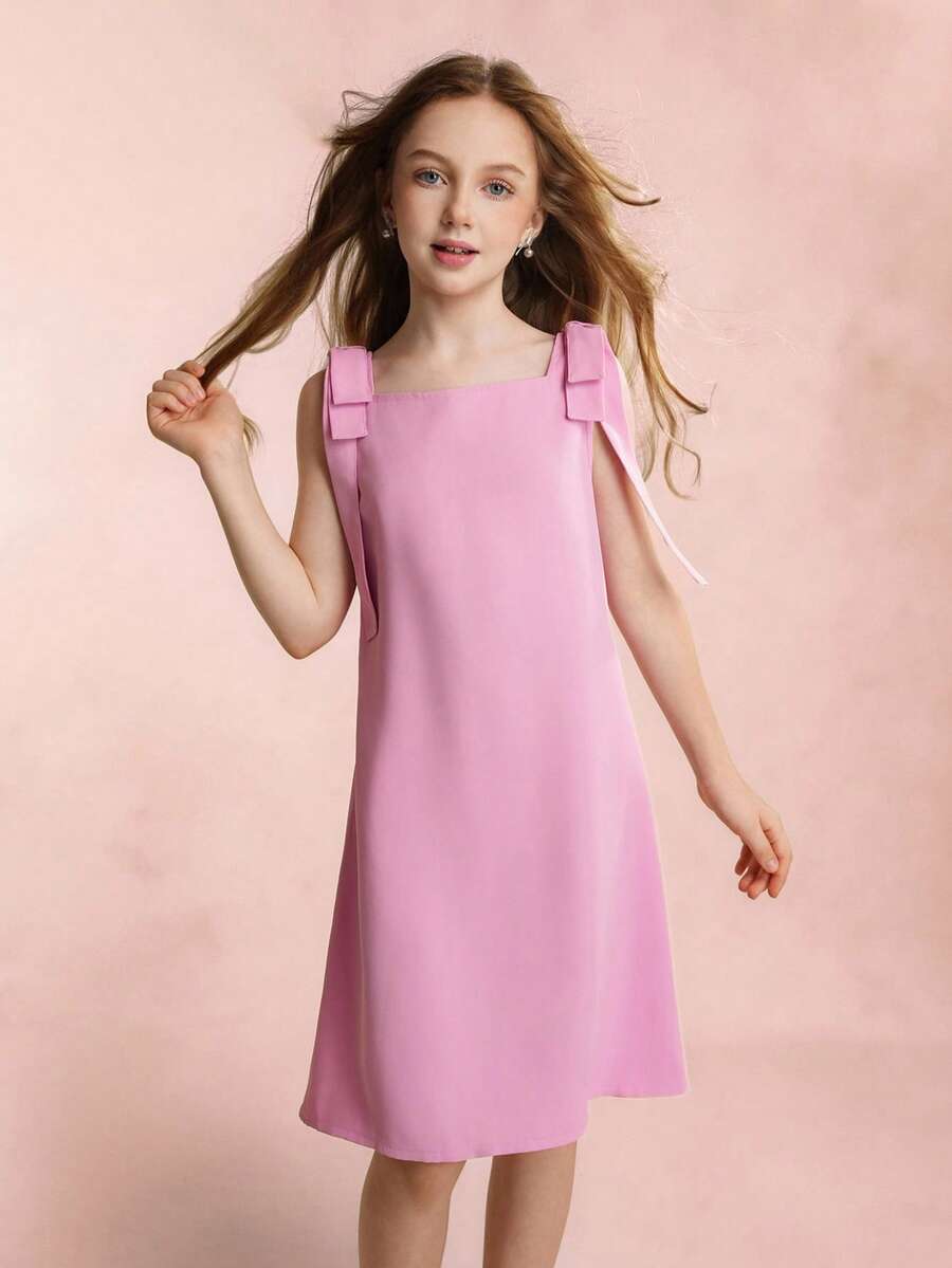 Vestido casual sin mangas de unicolor para niñas preadolescentes - Rosa - Ver 1
