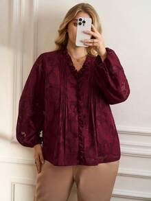EMERY ROSE Plus Size V-Neck Long Sleeve Pleated Ruffle Hem Elegant Fashion Blouse For Women Red Top  Stylish Clothing Collection Elegant Party Clothes For New Year Christmas Clothes For Women  Winter Clothes For Women