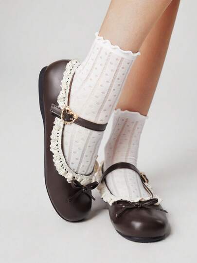 Kawaii Mocasines marrones para mujer, zapatos Mary Jane de punta cerrada, bailarinas Lolita con lazo y encaje