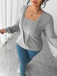 Elenzga Camiseta Plus Size Casual Minimalista com Gola Redonda e Manga Longa - Cinza claro - Ver 6