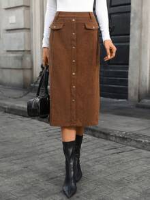 SHEIN LUNE Fustă de damă kaki din catifea reiată texturată, cu buzunare în față, cu clapă deschisă, stil stradal, pentru vacanță, Halloween, articol esențial la modă, fustă dreaptă versatilă, lungime medie - Kaki - Vizualizare 6