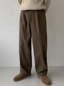 DAZY Men's Solid Color Elastic Waist Design Brown Commuter Casual Pants, Autumn - Brown - View 3