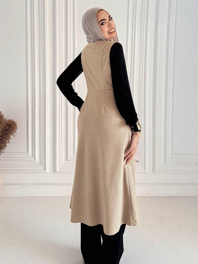 Women's Elegant Solid Color V-Neck Sleeveless Mid-Length Dress, Autumn Modest Fashion