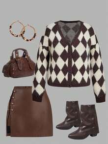 SHEIN MOD Women's Plus Size Classic Plaid Knit V-Neck Cardigan,Brown Autumn Fuzzy Sweater Jacket,2000's School Back-To-School Coffee & Apricot Loose Outerwear - Multicolor - View 3