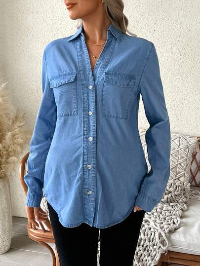 SHEIN Blouse en jean à manches longues décontractée de couleur unie pour femmes enceintes