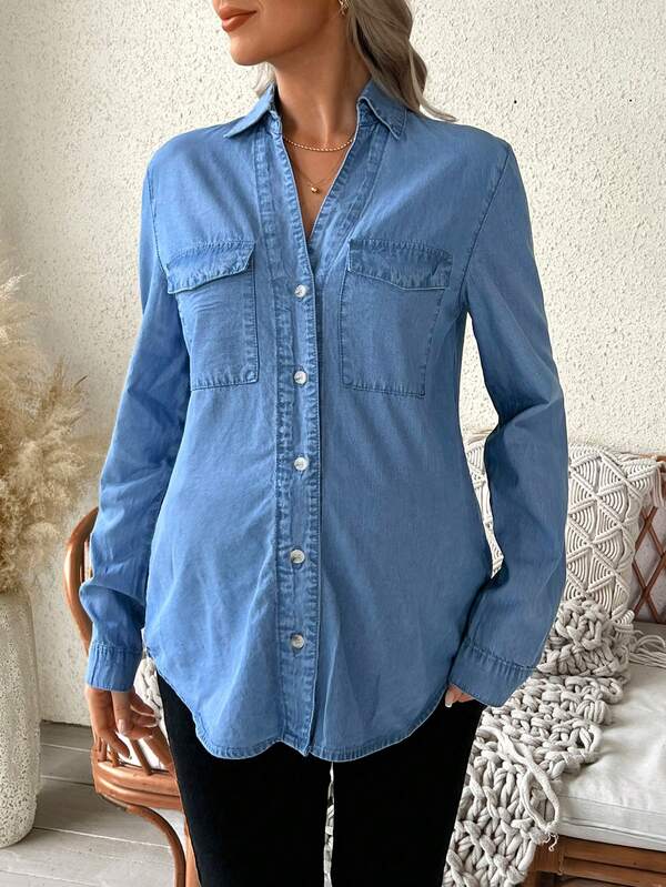 SHEIN Maternity Solid Color Casual Long Sleeve Denim Blouse