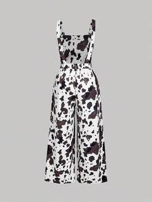 SHEIN MOD 大码女款牛奶纹理可调节肩带休闲阔腿连体裤 - 黑與白 - 查看 6