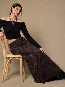 Freevana 大码休闲波西米亚风复古西部佩斯利和腰果花印花百搭棕色针织女裙，秋冬款 - 棕色 - 查看 4