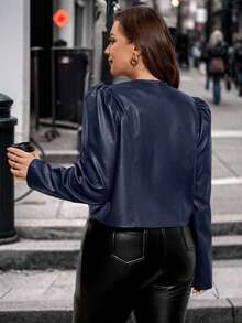 SHEIN Clasi 大码女式优雅短款夹克，长袖修身夹克，秋冬时尚 PU 皮夹克 - 藏蓝色 - 查看 2