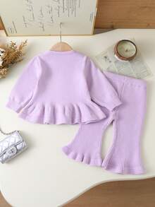 SHEIN Vintaside Kids 2pcs/Set Baby Girls Solid Color Crew Neck Knitted Sweater And Flared Pants Co-Ord Set, Fashionable And Versatile, Suitable For Autumn/Winter, Daily Wear, Outings And School Lilac Blue Toddler Outfit Light Purple Outfits For Babies Lilac Purple Tops For Babies Baby Clothes Purple Knit Two Piece Toddler