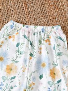 SHEIN 2 件套女童花卉印花休闲宽松翻领开衫和裤子套装，优雅时尚 - 白色 - 查看 5