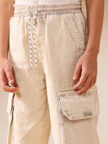 SUMWON Tween Boys Cargo Pants Beige Casual Streetwear Loose Fit Drawstring Cotton Pockets