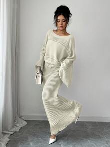 Elenzga Conjunto de 2 piezas de suéter de punto casual y cárdigan con patrón floral calado para mujer, versátil y elegante para salidas, trabajo, escuela y vacaciones - Albaricoque - Ver 7