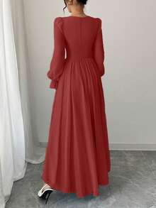Modelyn Vestido elegante de cor sólida, decote coração, com amarração, manga comprida e cintura marcada, chique francês - Rosa Melancia - Ver 2