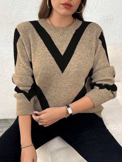 Elenzga Suéter holgado de punto jacquard de manga larga y cuello redondo, estilizador, de moda casual para mujer de talla grande, otoño/invierno