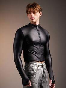 FeverCity Casual Slim Fit Solid Color Stand Collar Long Sleeve Short Men's Jacket, Fall - Black - View 4