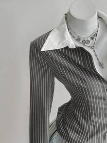 SHEIN Unity 黑色条纹亚麻面料撞色白领纽扣衬衫，复古优雅通勤休闲日常女装，春秋季 - 灰色 - 查看 7