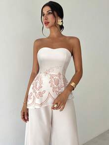 Firerie Conjunto de 2 piezas de verano con top tubo asimétrico de estampado de color contrastante y pantalones de pierna ancha de cintura alta, elegante, refinado y romántico para vacaciones y uso diario