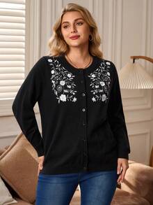 Rosumi Plus Size Women Black And White Floral Embroidery Cardigan, Autumn Elegant Casual Cozy Fall Winter , Party New Year Look - Black - View 1
