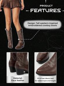 ROMWE Fairycore Women's Cowboy Boots, New Spring/Autumn Mori Style Brown Pointed Toe Embroidered Western Boots