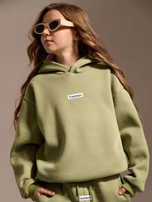 SHEIN Tween Girl Hoodie Set, Long Sleeve Hoodie And Loose Casual Sweatpants Set, Autumn/Winter - Army Green - View 2
