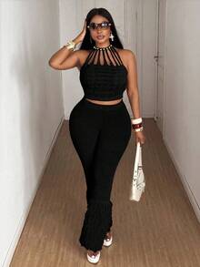 Maweii 大码女式毛衣纯色浅粉色，扭绳，珍珠项链，性感修身，优雅，派对女式上衣，高端设计感，短款针织上衣，秋冬，女式外套，女装斯堪的纳维亚派对针织镂空Y2K派对上衣闪光针织 - 黑色 - 查看 7