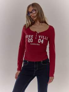 MUSERA Bluză cu decolteu rotund, imprimeu grafic, nasturi în față, mânecă lungă, drăguță, casual, confortabilă, elegantă, pentru sărbători, primăvară-vară - Burgundia - Vizualizare 5