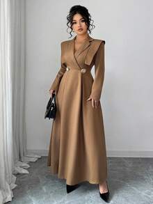 Elenzga Abito lungo a maniche lunghe con cintura in vita, design con collo incrociato, stile vintage alla moda, colore marrone caffè, taglie comode, stile francese elegante, versatile per lavoro, casual e per stratificazioni