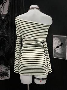 EgrlEra 女式时尚黑灰条纹长袖连衣裙 - 彩色 - 查看 2