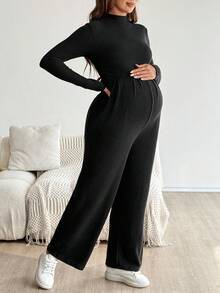 SHEIN Bộ đồ liền thân ống rộng cổ đứng đơn giản màu trơn dành cho bà bầu, mặc hàng ngày, đi làm, mùa thu - màu đen - Xem 4