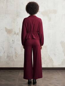 SHEIN LUNE 全新女式纯色翻领系带夹克套装 - 酒紅色 - 查看 2