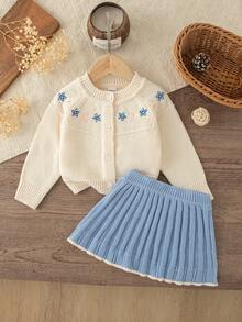 SHEIN 女婴圆领针织喇叭裙套装，可爱甜美秋冬季女婴针织套装，女婴毛衣套装半裙套装，针织两件套，秋冬女婴连衣裙，女婴秋冬针织服装，女婴毛衣套装，女婴针织两件套，女婴冬季服装，女婴秋季毛衣 - 米色 - 查看 1