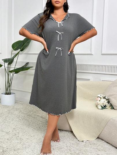 Plus Size Elegante Deep Grijs Midi Length Pajama Night Dress Bowknot Embellishment view 5