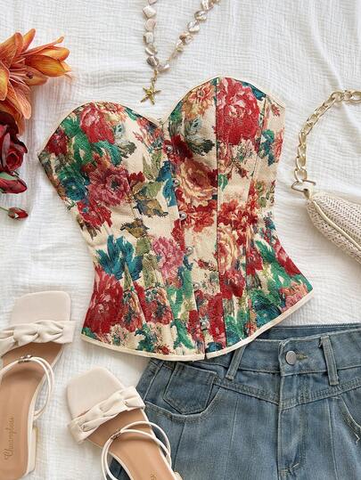 Soleia Spring/Summer New Casual Vacation Western Beach Wedding Guest Attire Graduation Brunch Women's Outfit St. Patrick's Day Spring Break Easter Music Festival Elegant Boho Tropical Chic Vintage Palace Style Colorful Floral Jacquard Bandeau Tie Back Crop Top