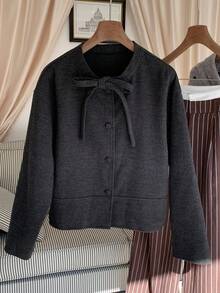 Comfortcana Women's Elegant Solid Color Twist Collar Loose Overcoat, Autumn/Winter - Dark Grey - View 1